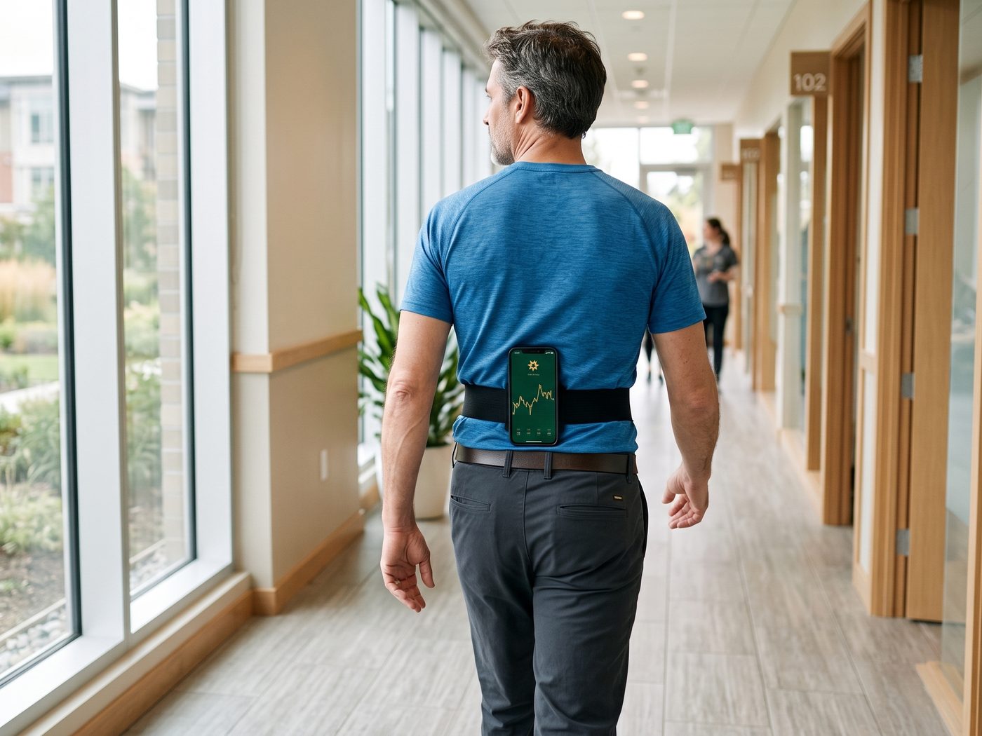 Man walking along a clinic corridor, seen from behind, with a smartphone secured flat against his lower back in an elastic belt; the phone screen shows the Al-mashy recording trace